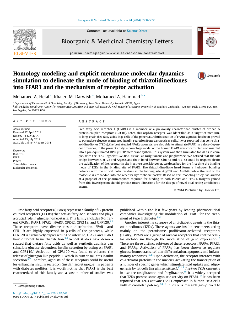 Homology modeling and explicit membrane molecular dynamics simulation to delineate the mode of binding of thiazolidinediones into FFAR1 and the mechanism of receptor activation