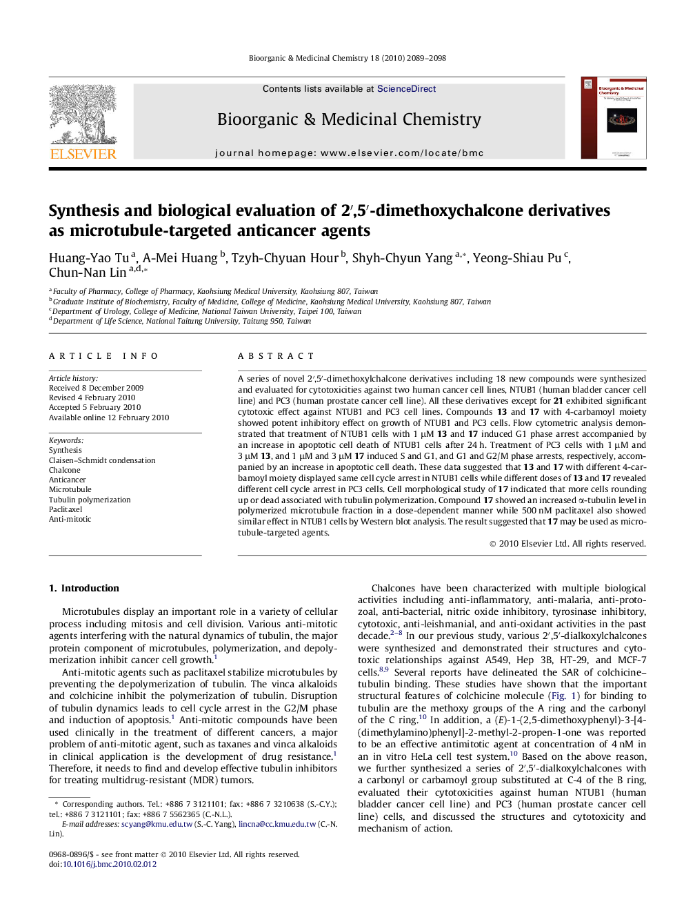 Synthesis and biological evaluation of 2′,5′-dimethoxychalcone derivatives as microtubule-targeted anticancer agents