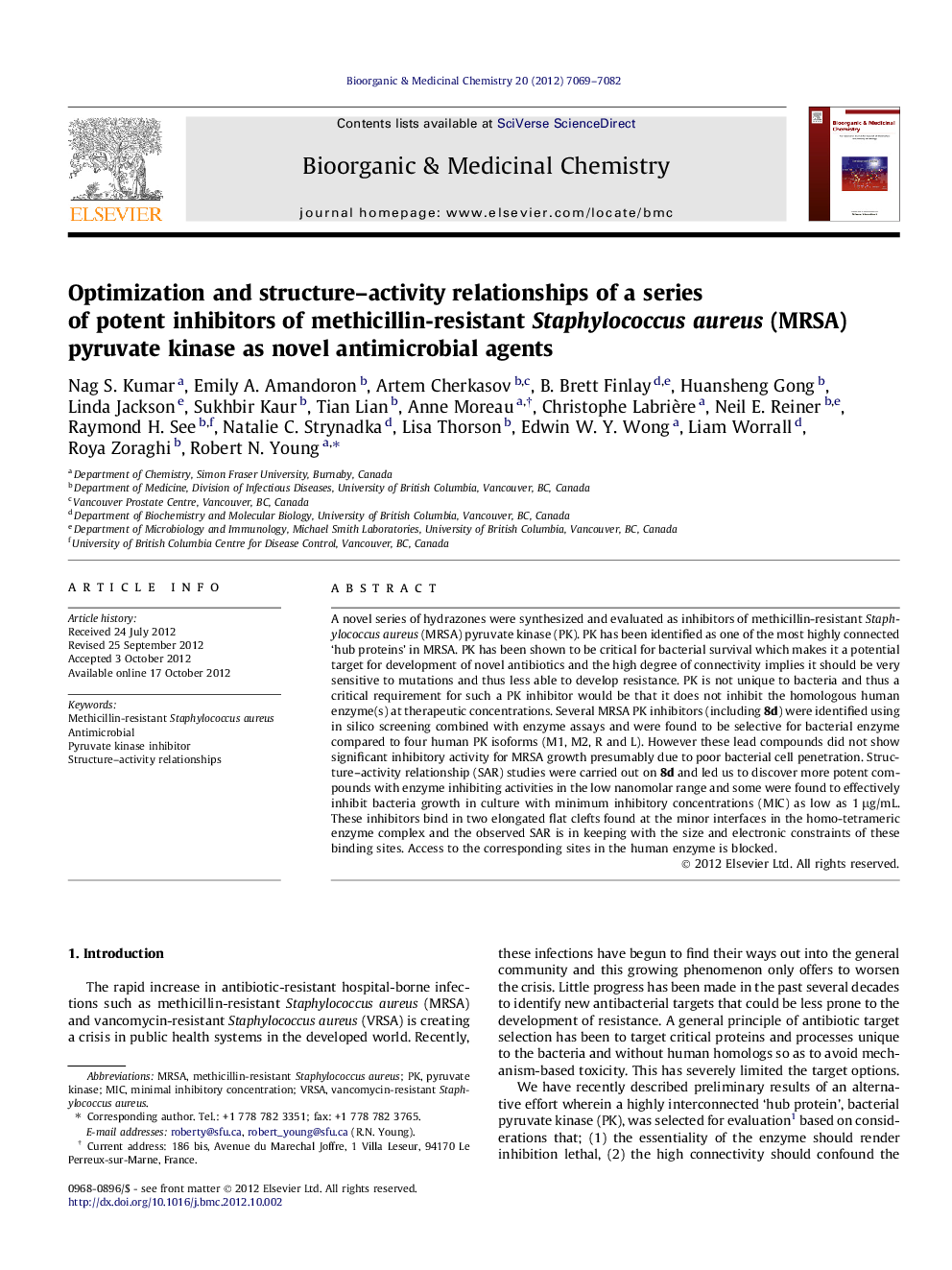 Optimization and structure–activity relationships of a series of potent inhibitors of methicillin-resistant Staphylococcus aureus (MRSA) pyruvate kinase as novel antimicrobial agents