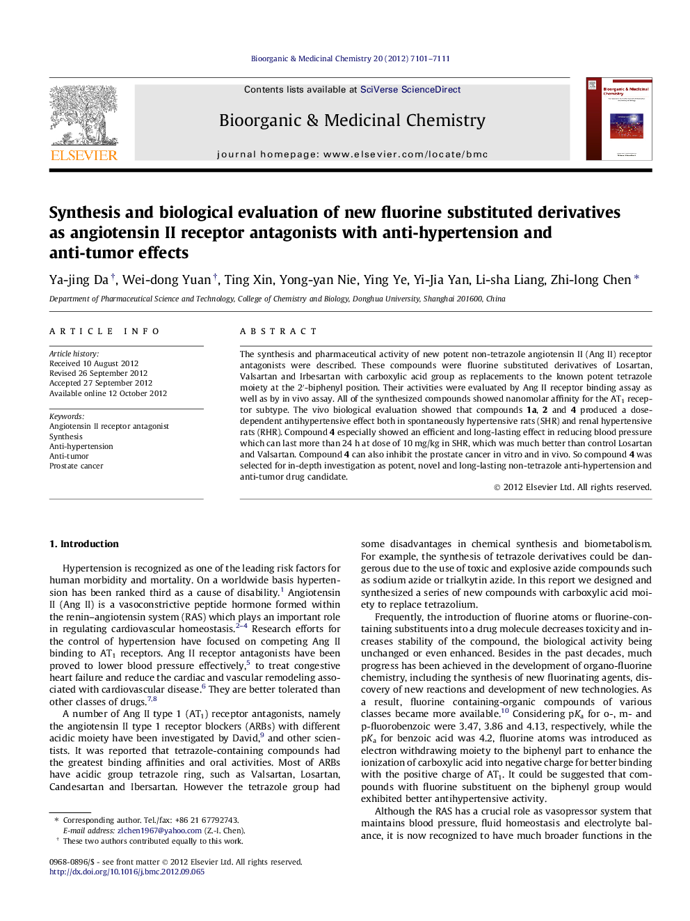 Synthesis and biological evaluation of new fluorine substituted derivatives as angiotensin II receptor antagonists with anti-hypertension and anti-tumor effects