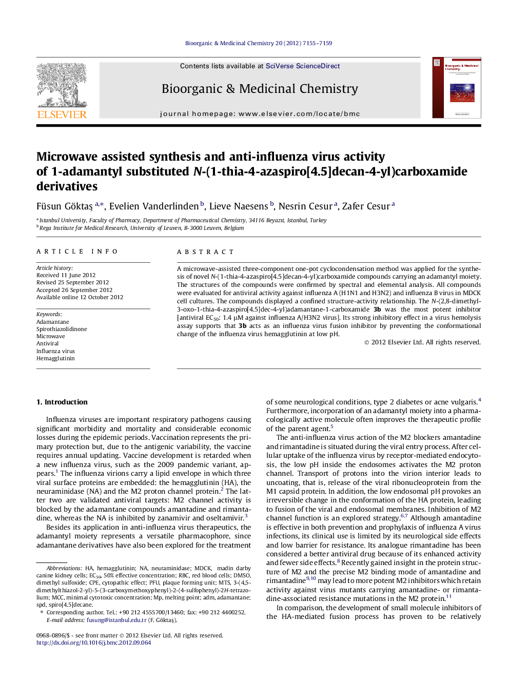 Microwave assisted synthesis and anti-influenza virus activity of 1-adamantyl substituted N-(1-thia-4-azaspiro[4.5]decan-4-yl)carboxamide derivatives