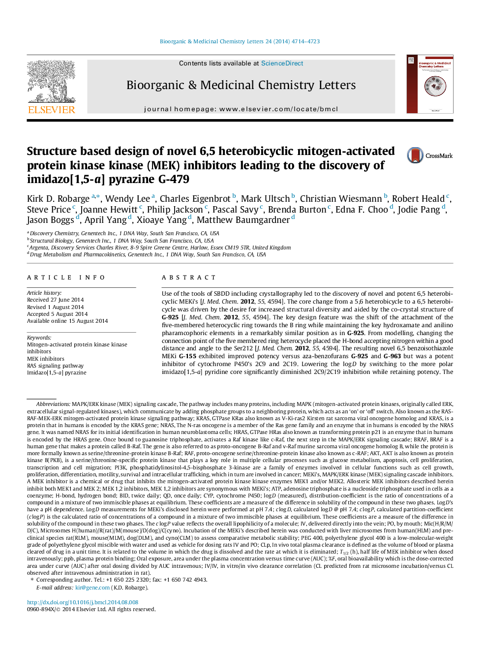 Structure based design of novel 6,5 heterobicyclic mitogen-activated protein kinase kinase (MEK) inhibitors leading to the discovery of imidazo[1,5-a] pyrazine G-479