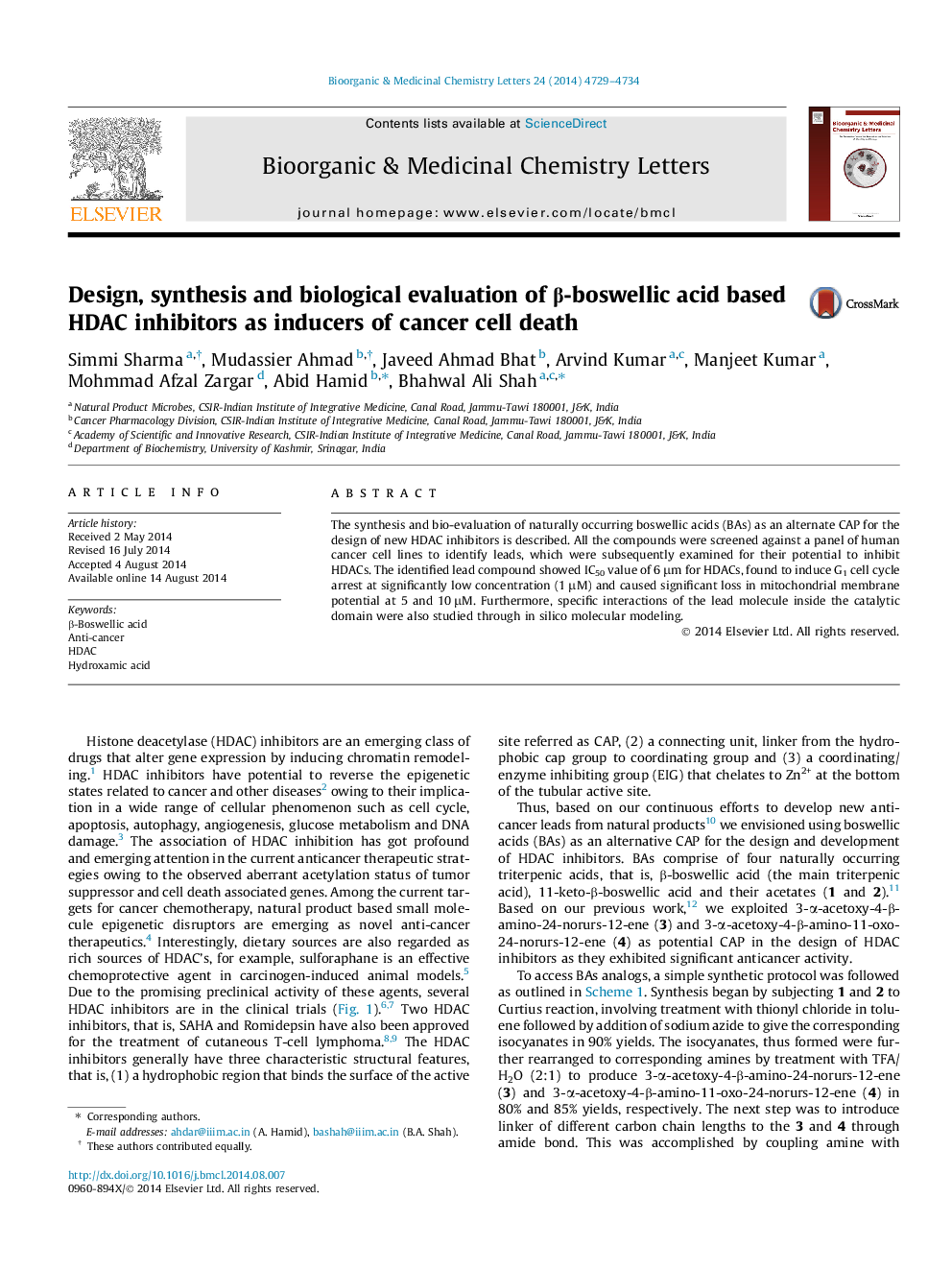 Design, synthesis and biological evaluation of β-boswellic acid based HDAC inhibitors as inducers of cancer cell death