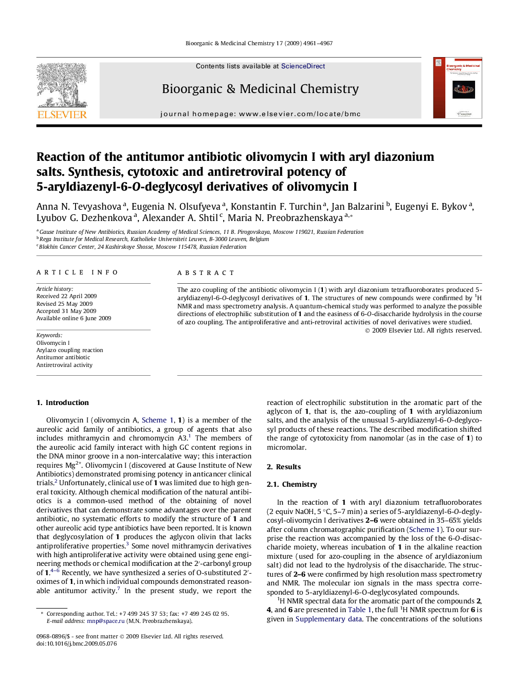 Reaction of the antitumor antibiotic olivomycin I with aryl diazonium salts. Synthesis, cytotoxic and antiretroviral potency of 5-aryldiazenyl-6-O-deglycosyl derivatives of olivomycin I