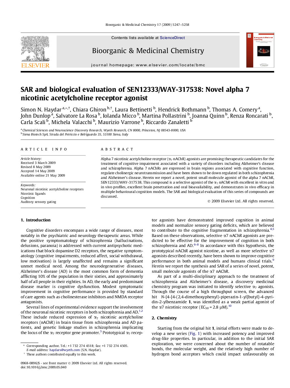 SAR and biological evaluation of SEN12333/WAY-317538: Novel alpha 7 nicotinic acetylcholine receptor agonist