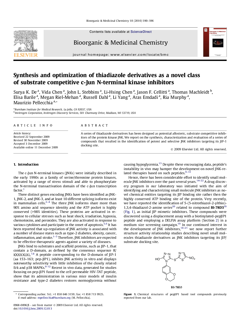 Synthesis and optimization of thiadiazole derivatives as a novel class of substrate competitive c-Jun N-terminal kinase inhibitors