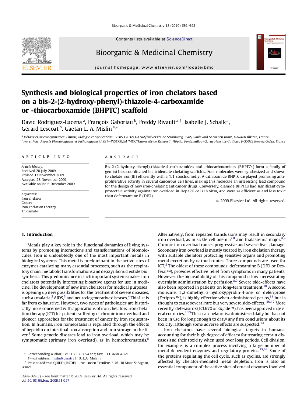 Synthesis and biological properties of iron chelators based on a bis-2-(2-hydroxy-phenyl)-thiazole-4-carboxamide or -thiocarboxamide (BHPTC) scaffold