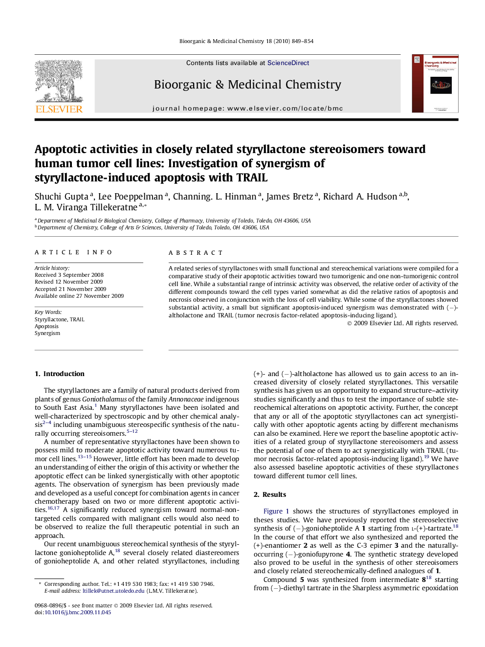 Apoptotic activities in closely related styryllactone stereoisomers toward human tumor cell lines: Investigation of synergism of styryllactone-induced apoptosis with TRAIL