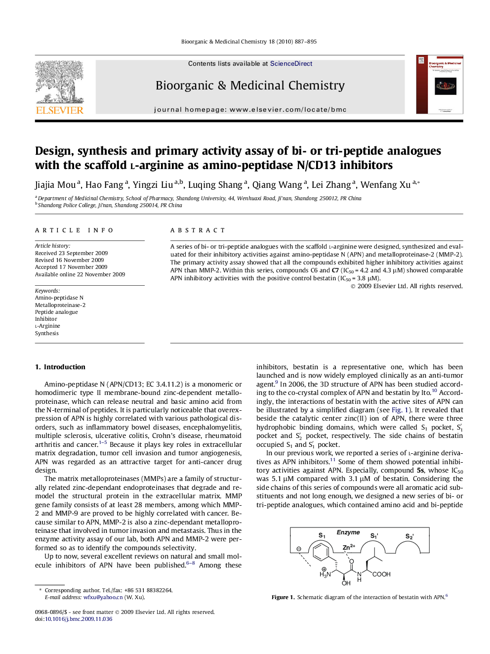 Design, synthesis and primary activity assay of bi- or tri-peptide analogues with the scaffold l-arginine as amino-peptidase N/CD13 inhibitors