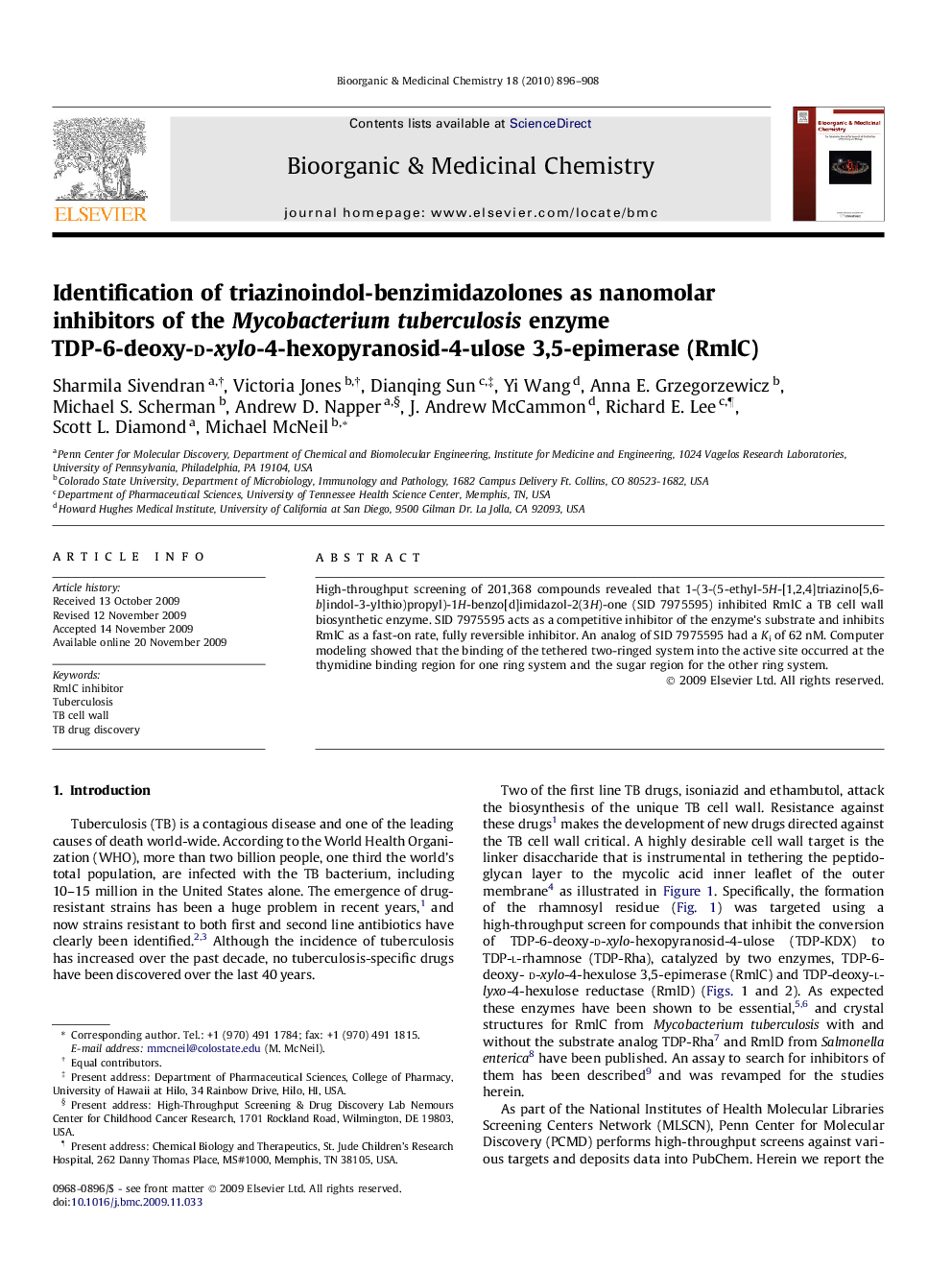 Identification of triazinoindol-benzimidazolones as nanomolar inhibitors of the Mycobacterium tuberculosis enzyme TDP-6-deoxy-d-xylo-4-hexopyranosid-4-ulose 3,5-epimerase (RmlC)