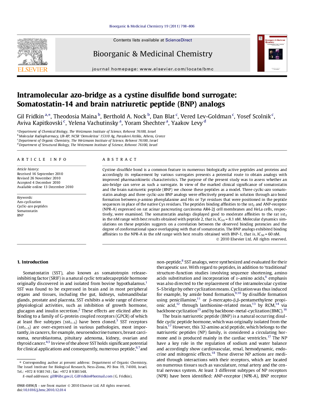 Intramolecular azo-bridge as a cystine disulfide bond surrogate: Somatostatin-14 and brain natriuretic peptide (BNP) analogs