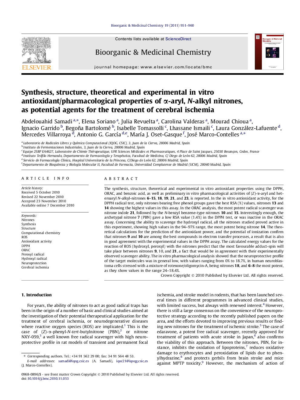 Synthesis, structure, theoretical and experimental in vitro antioxidant/pharmacological properties of α-aryl, N-alkyl nitrones, as potential agents for the treatment of cerebral ischemia