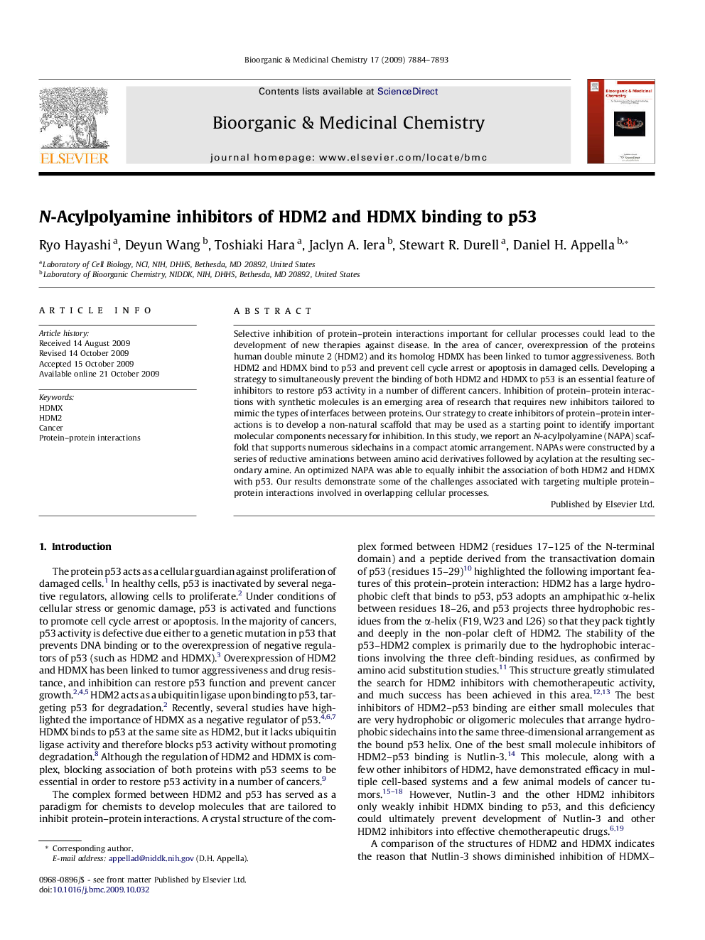 عکس صفحه اول مقاله: N-Acylpolyamine inhibitors of HDM2 and HDMX binding to p53 N-Acylpolyamine inhibitors of HDM2 and HDMX binding to p53