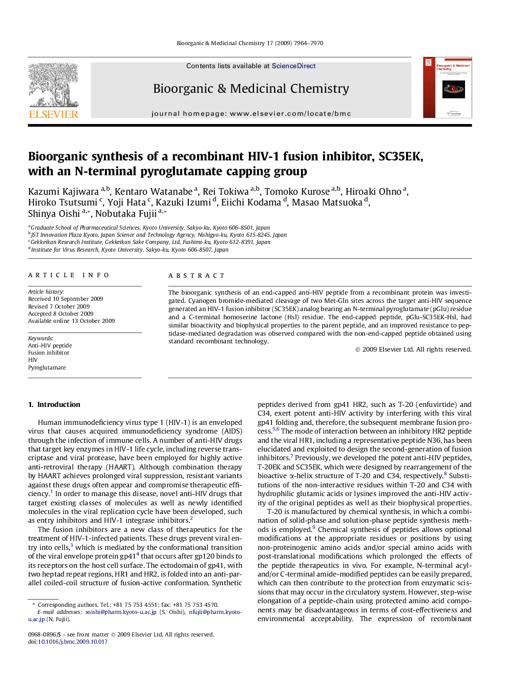 Bioorganic synthesis of a recombinant HIV-1 fusion inhibitor, SC35EK, with an N-terminal pyroglutamate capping group