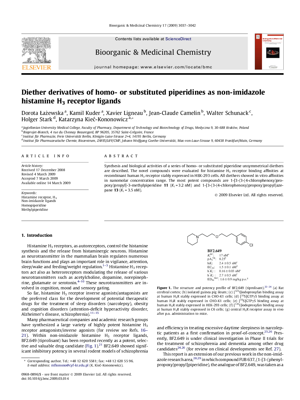 عکس صفحه اول مقاله: Diether derivatives of homo- or substituted piperidines as non-imidazole histamine H3 receptor ligands Diether derivatives of homo- or substituted piperidines as non-imidazole histamine H3 receptor ligands