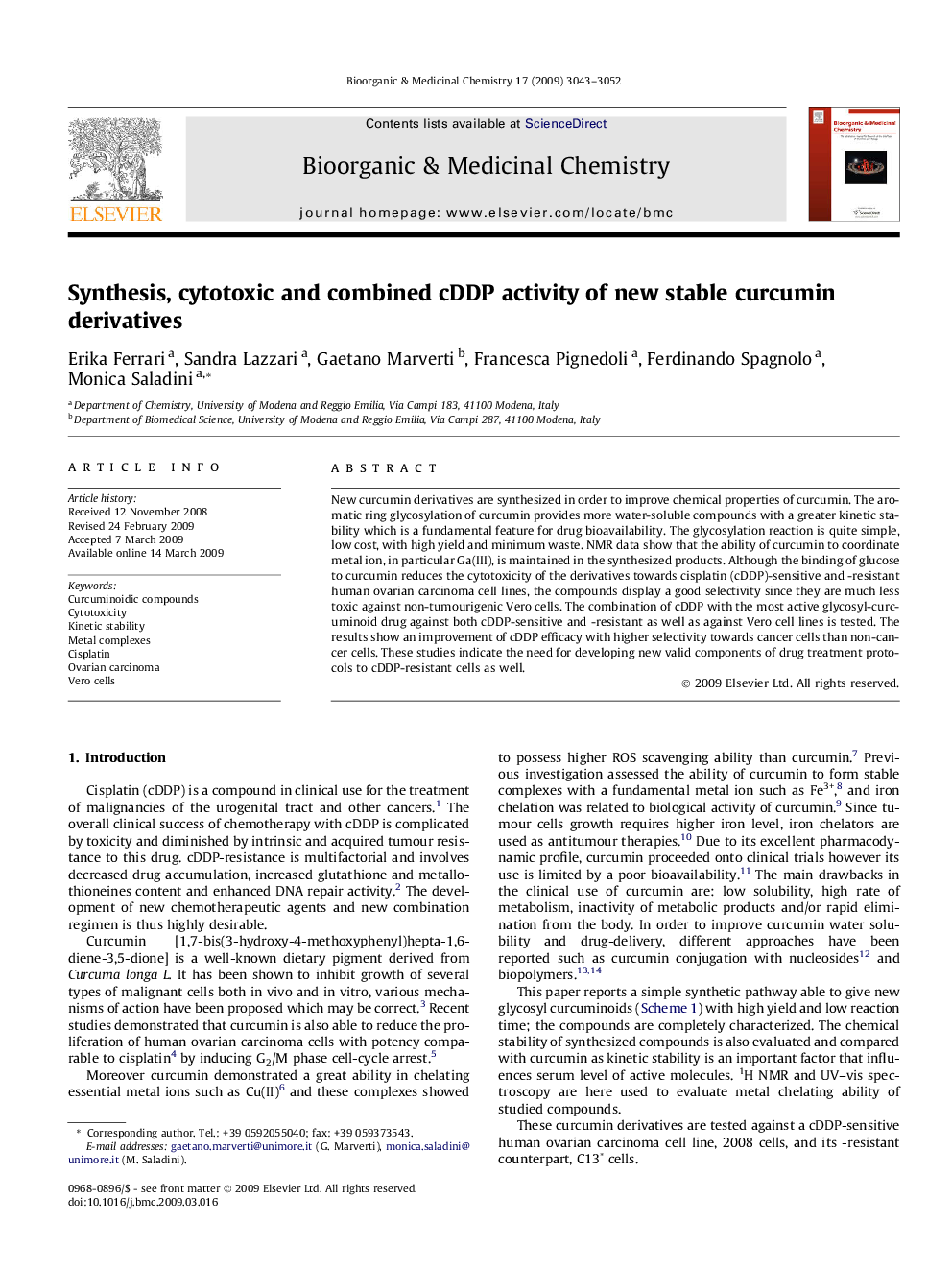 Synthesis, cytotoxic and combined cDDP activity of new stable curcumin derivatives