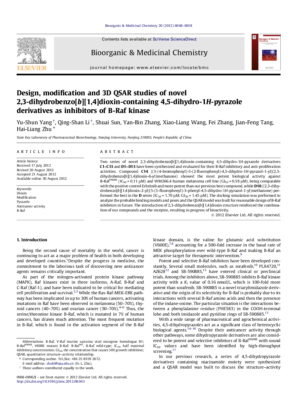 Design, modification and 3D QSAR studies of novel 2,3-dihydrobenzo[b][1,4]dioxin-containing 4,5-dihydro-1H-pyrazole derivatives as inhibitors of B-Raf kinase