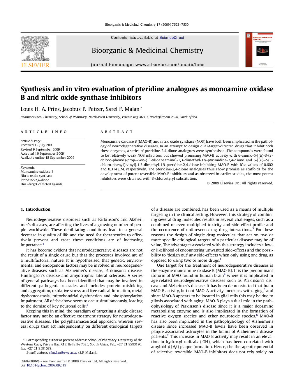 Synthesis and in vitro evaluation of pteridine analogues as monoamine oxidase B and nitric oxide synthase inhibitors