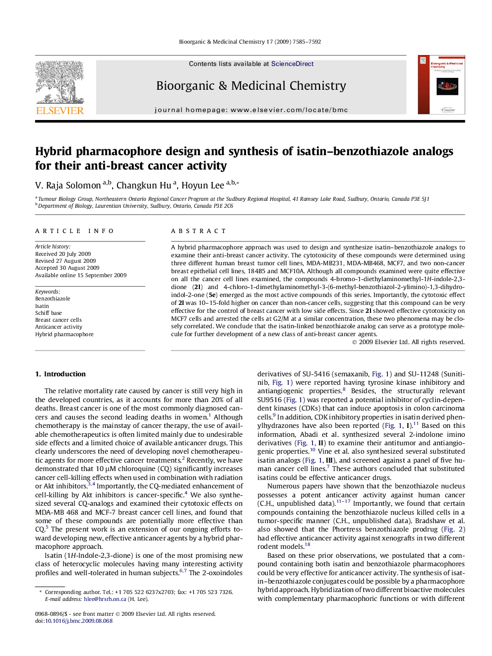 Hybrid pharmacophore design and synthesis of isatin–benzothiazole analogs for their anti-breast cancer activity