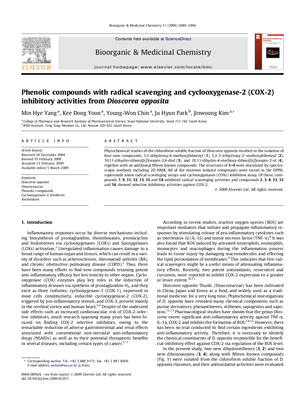 Phenolic compounds with radical scavenging and cyclooxygenase-2 (COX-2) inhibitory activities from Dioscoreaopposita