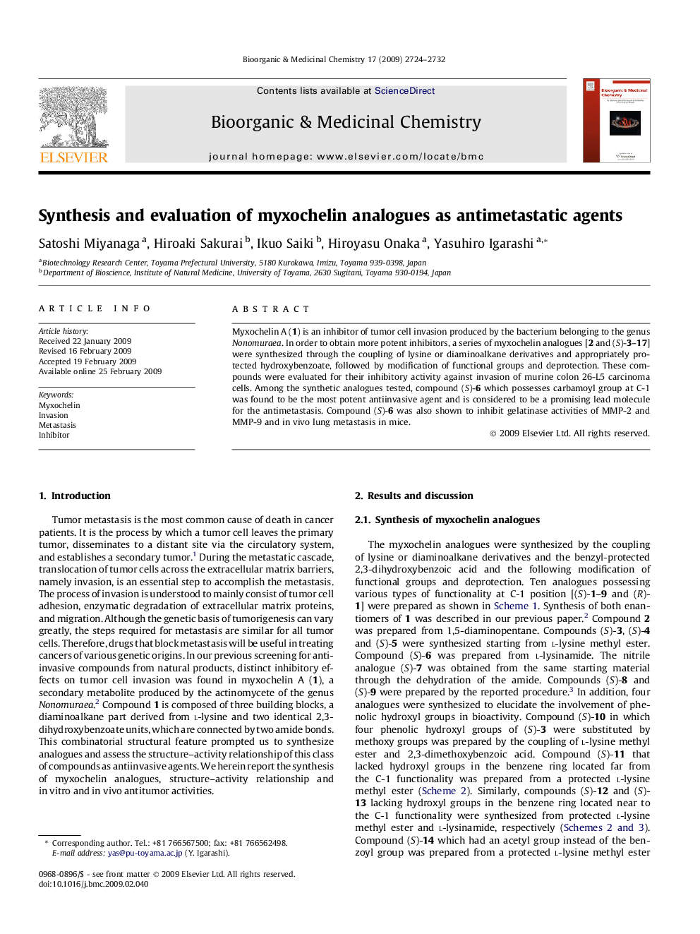 Synthesis and evaluation of myxochelin analogues as antimetastatic agents