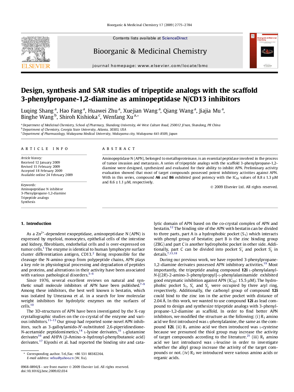 عکس صفحه اول مقاله: Design, synthesis and SAR studies of tripeptide analogs with the scaffold 3-phenylpropane-1,2-diamine as aminopeptidase N/CD13 inhibitors Design, synthesis and SAR studies of tripeptide analogs with the scaffold 3-phenylpropane-1,2-diamine as aminopeptidase N/CD13 inhibitors
