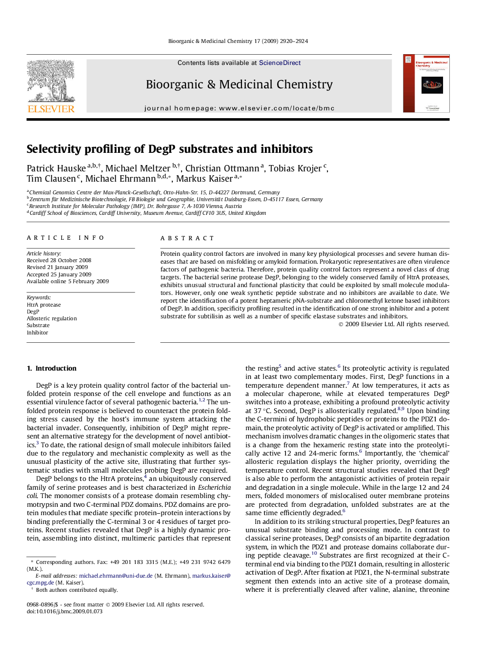 Selectivity profiling of DegP substrates and inhibitors