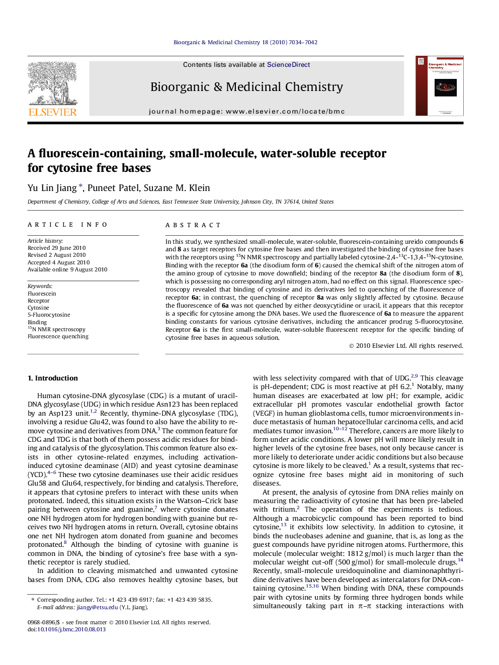 A fluorescein-containing, small-molecule, water-soluble receptor for cytosine free bases