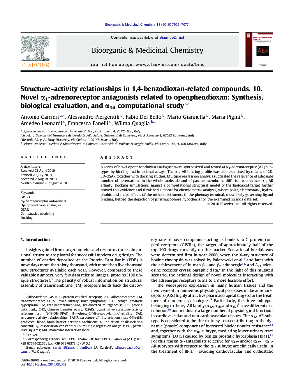 Structure–activity relationships in 1,4-benzodioxan-related compounds. 10. Novel α1-adrenoreceptor antagonists related to openphendioxan: Synthesis, biological evaluation, and α1d computational study 