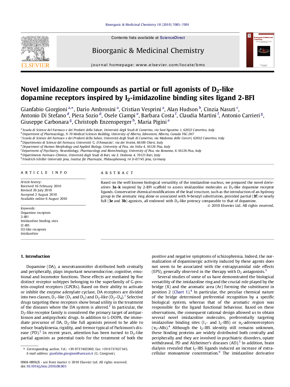 Novel imidazoline compounds as partial or full agonists of D2-like dopamine receptors inspired by I2-imidazoline binding sites ligand 2-BFI