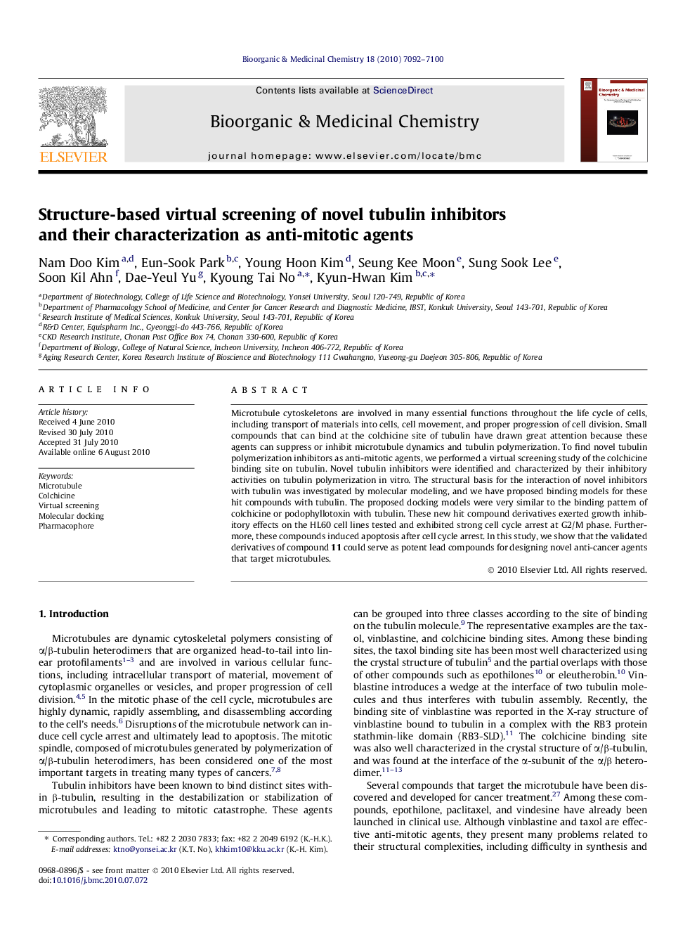 Structure-based virtual screening of novel tubulin inhibitors and their characterization as anti-mitotic agents