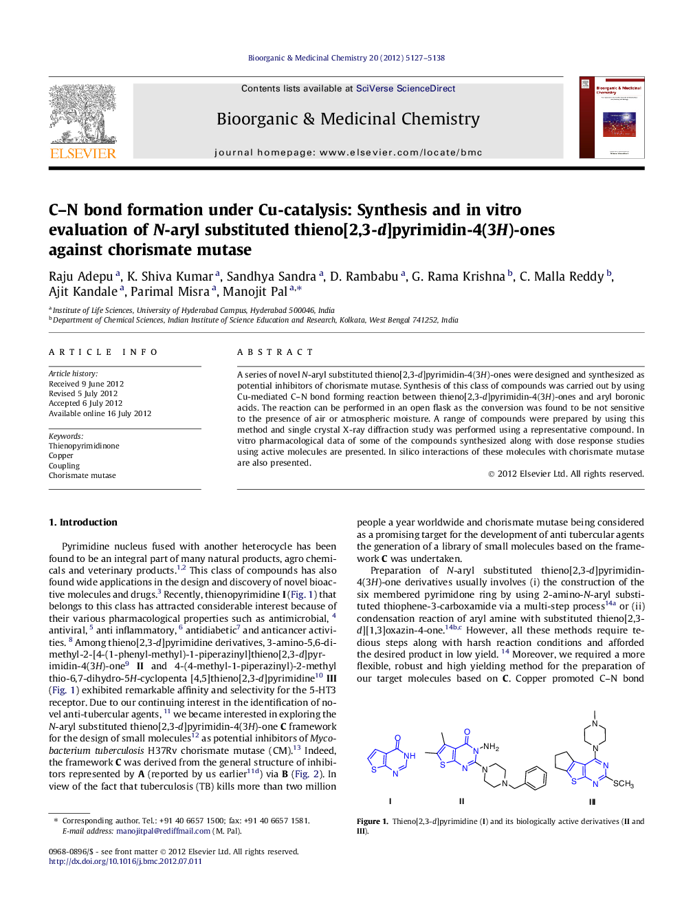 C–N bond formation under Cu-catalysis: Synthesis and in vitro evaluation of N-aryl substituted thieno[2,3-d]pyrimidin-4(3H)-ones against chorismate mutase