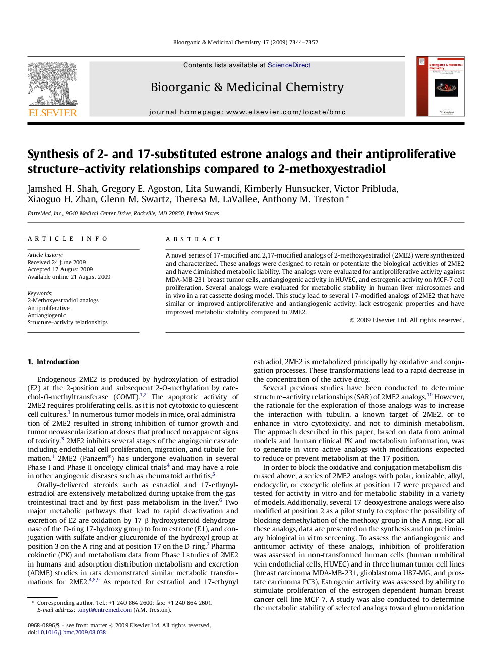 Synthesis of 2- and 17-substituted estrone analogs and their antiproliferative structure–activity relationships compared to 2-methoxyestradiol