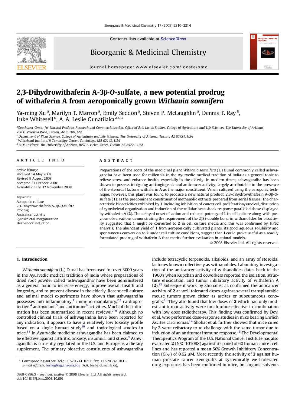 2,3-Dihydrowithaferin A-3β-O-sulfate, a new potential prodrug of withaferin A from aeroponically grown Withania somnifera