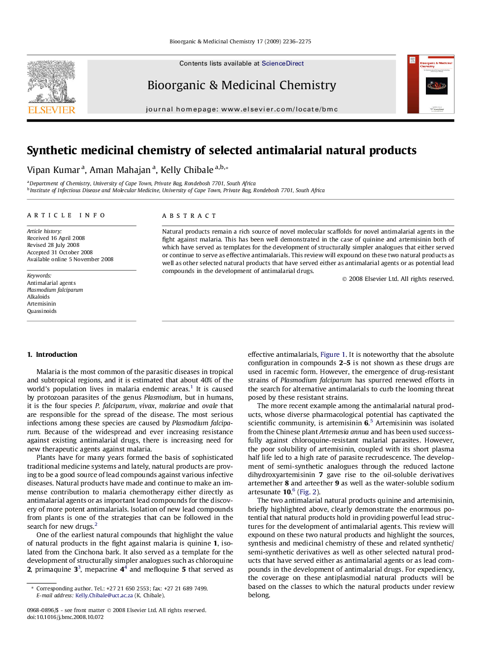 Synthetic medicinal chemistry of selected antimalarial natural products