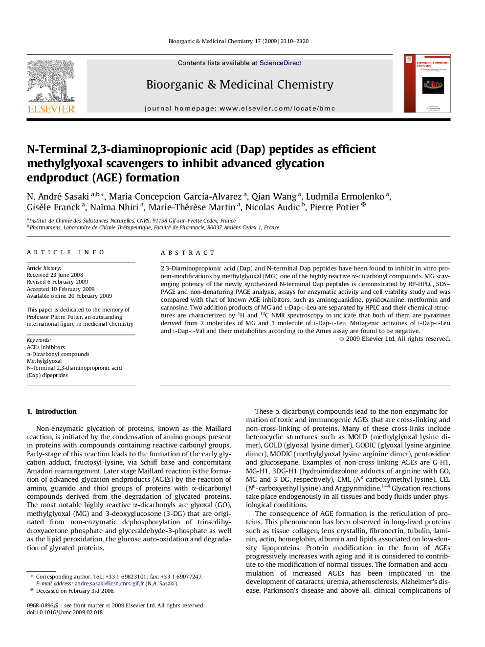 N-Terminal 2,3-diaminopropionic acid (Dap) peptides as efficient methylglyoxal scavengers to inhibit advanced glycation endproduct (AGE) formation