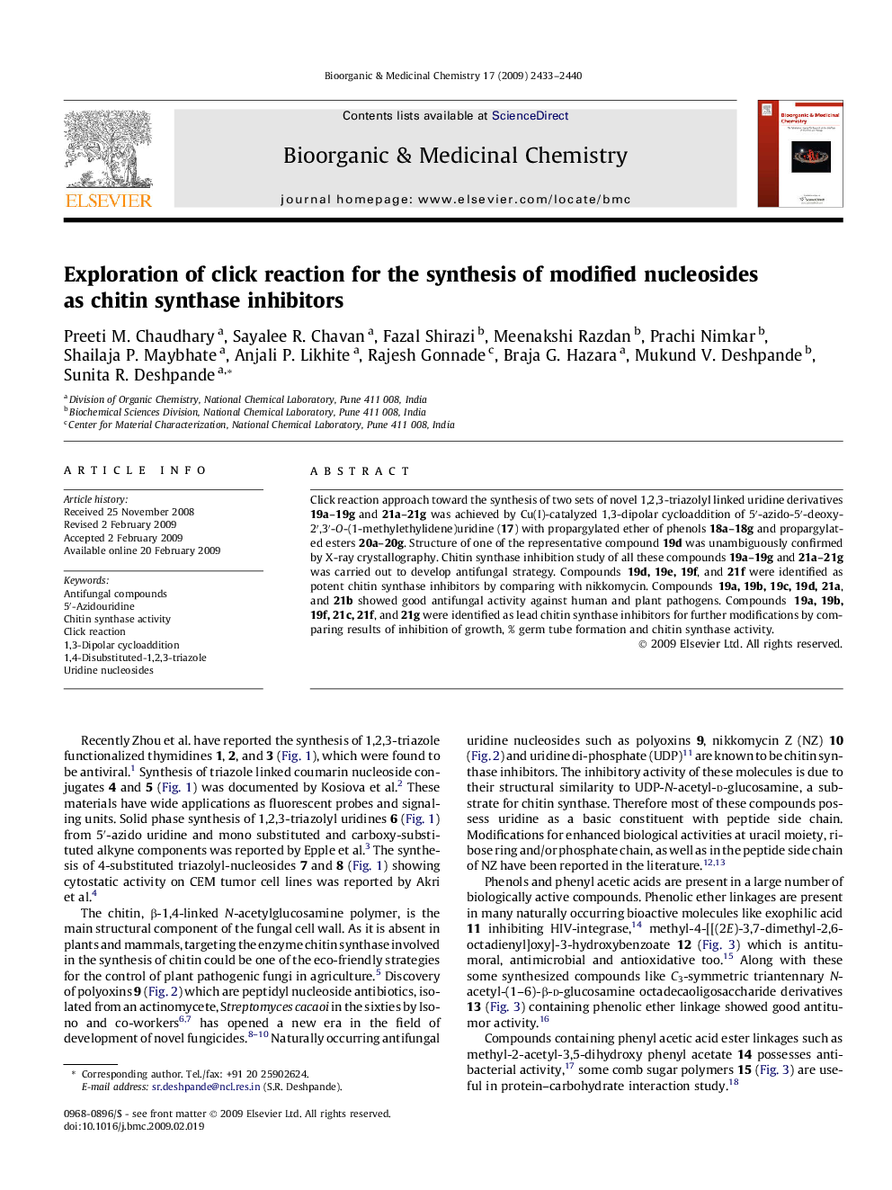 Exploration of click reaction for the synthesis of modified nucleosides as chitin synthase inhibitors