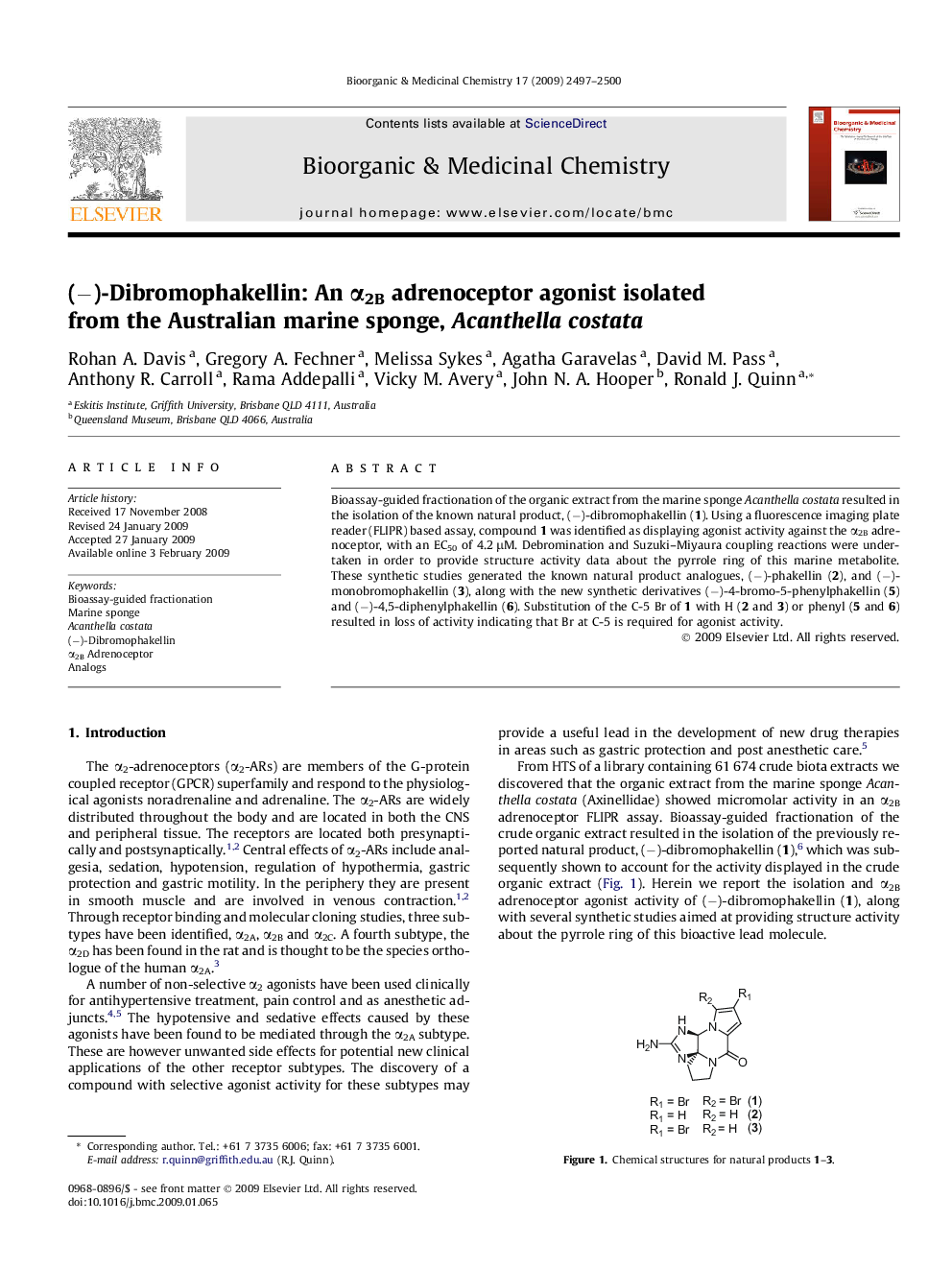 (−)-Dibromophakellin: An α2B adrenoceptor agonist isolated from the Australian marine sponge, Acanthella costata