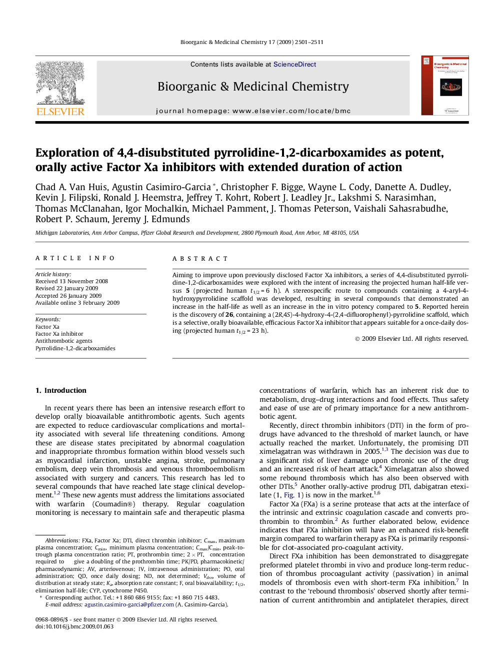 عکس صفحه اول مقاله: Exploration of 4,4-disubstituted pyrrolidine-1,2-dicarboxamides as potent, orally active Factor Xa inhibitors with extended duration of action Exploration of 4,4-disubstituted pyrrolidine-1,2-dicarboxamides as potent, orally active Factor Xa inhibitors with extended duration of action