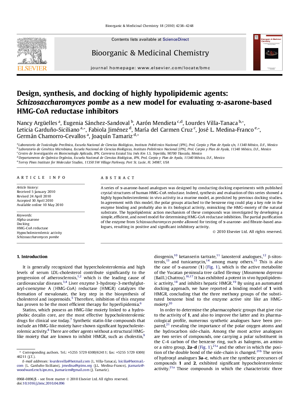 Design, synthesis, and docking of highly hypolipidemic agents: Schizosaccharomyces pombe as a new model for evaluating α-asarone-based HMG-CoA reductase inhibitors