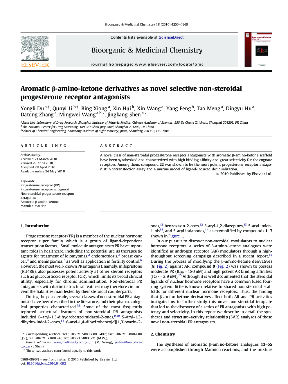 Aromatic β-amino-ketone derivatives as novel selective non-steroidal progesterone receptor antagonists