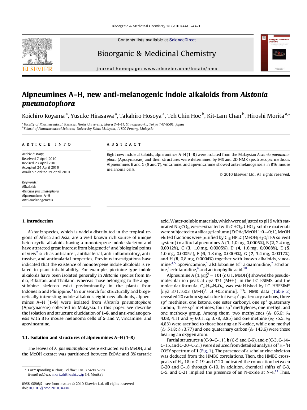 Alpneumines A–H, new anti-melanogenic indole alkaloids from Alstonia pneumatophora