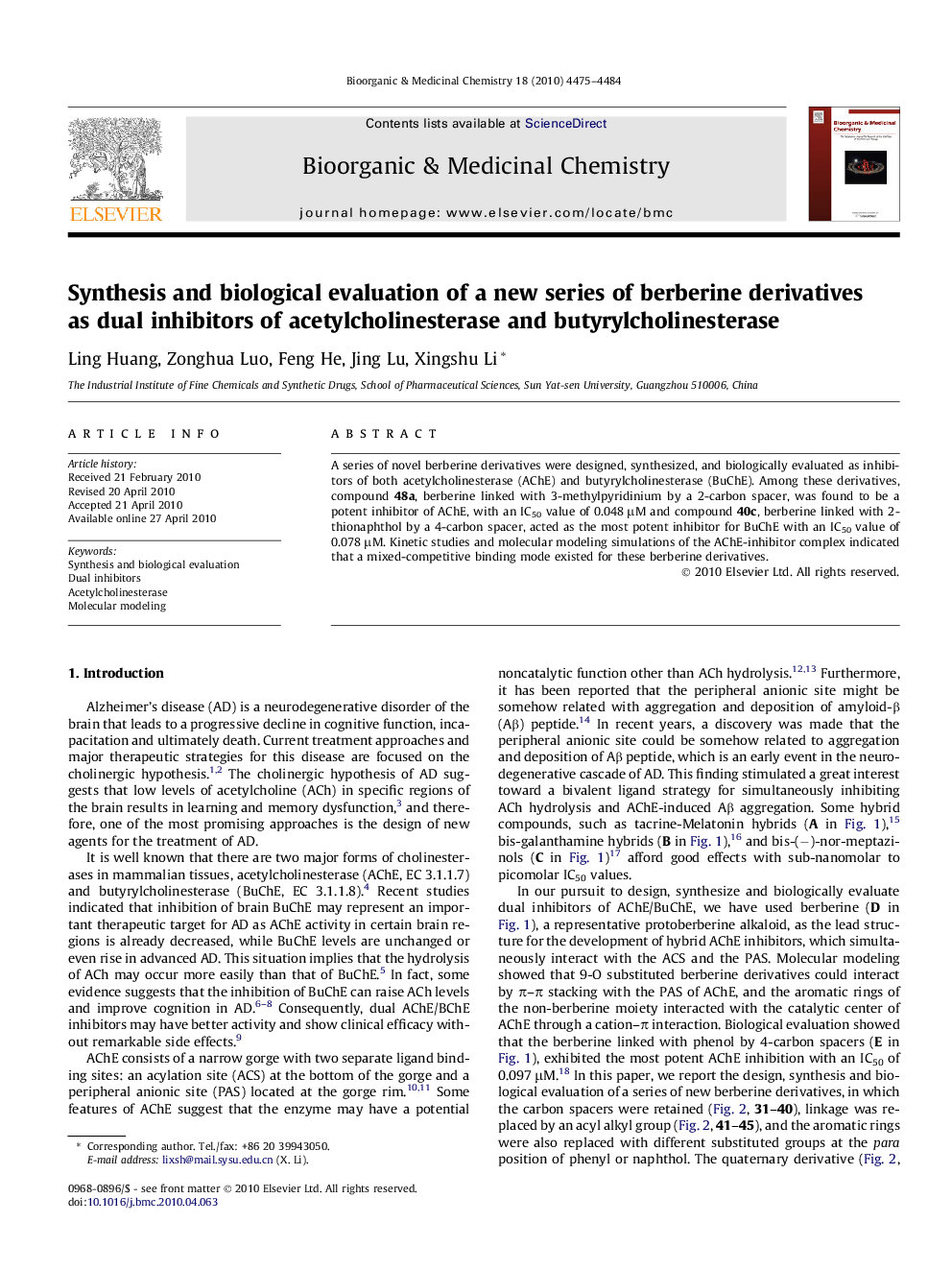 Synthesis and biological evaluation of a new series of berberine derivatives as dual inhibitors of acetylcholinesterase and butyrylcholinesterase