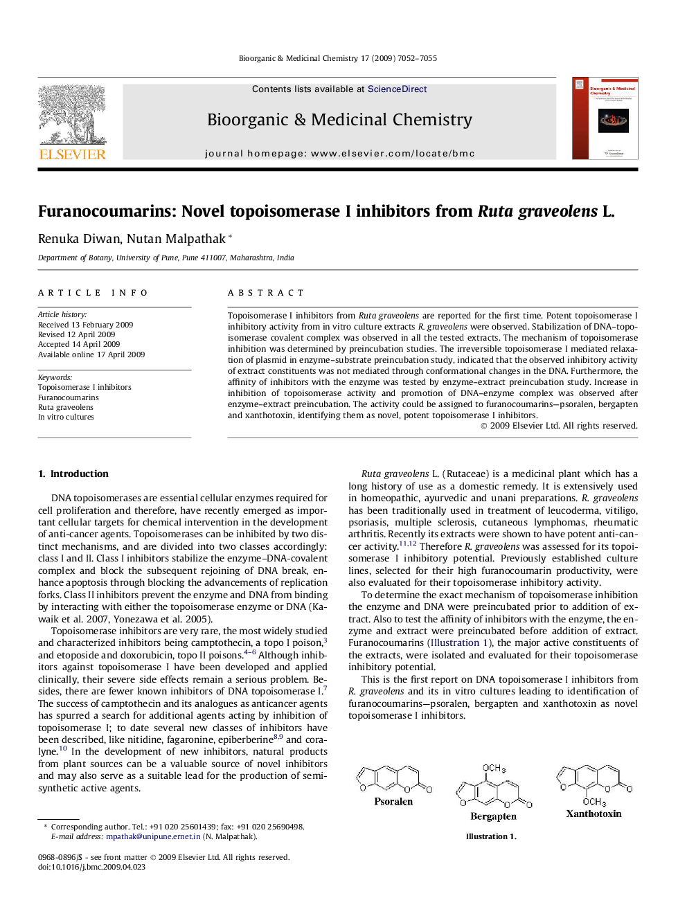 Furanocoumarins: Novel topoisomerase I inhibitors from Rutagraveolens L.