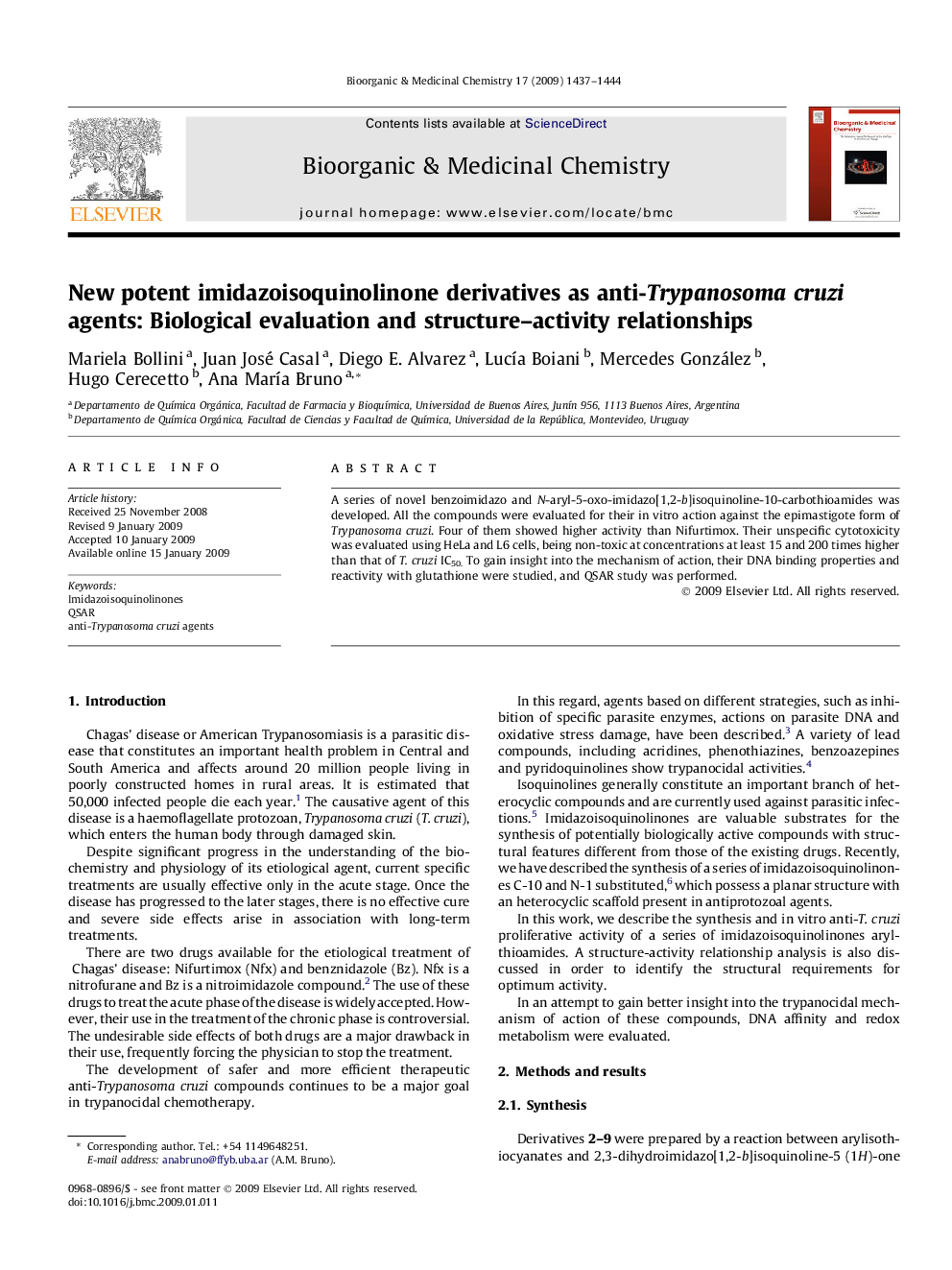 عکس صفحه اول مقاله: New potent imidazoisoquinolinone derivatives as anti-Trypanosoma cruzi agents: Biological evaluation and structure–activity relationships New potent imidazoisoquinolinone derivatives as anti-Trypanosoma cruzi agents: Biological evaluation and structure–activity relationships