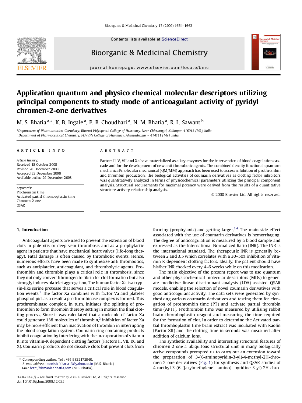 Application quantum and physico chemical molecular descriptors utilizing principal components to study mode of anticoagulant activity of pyridyl chromen-2-one derivatives