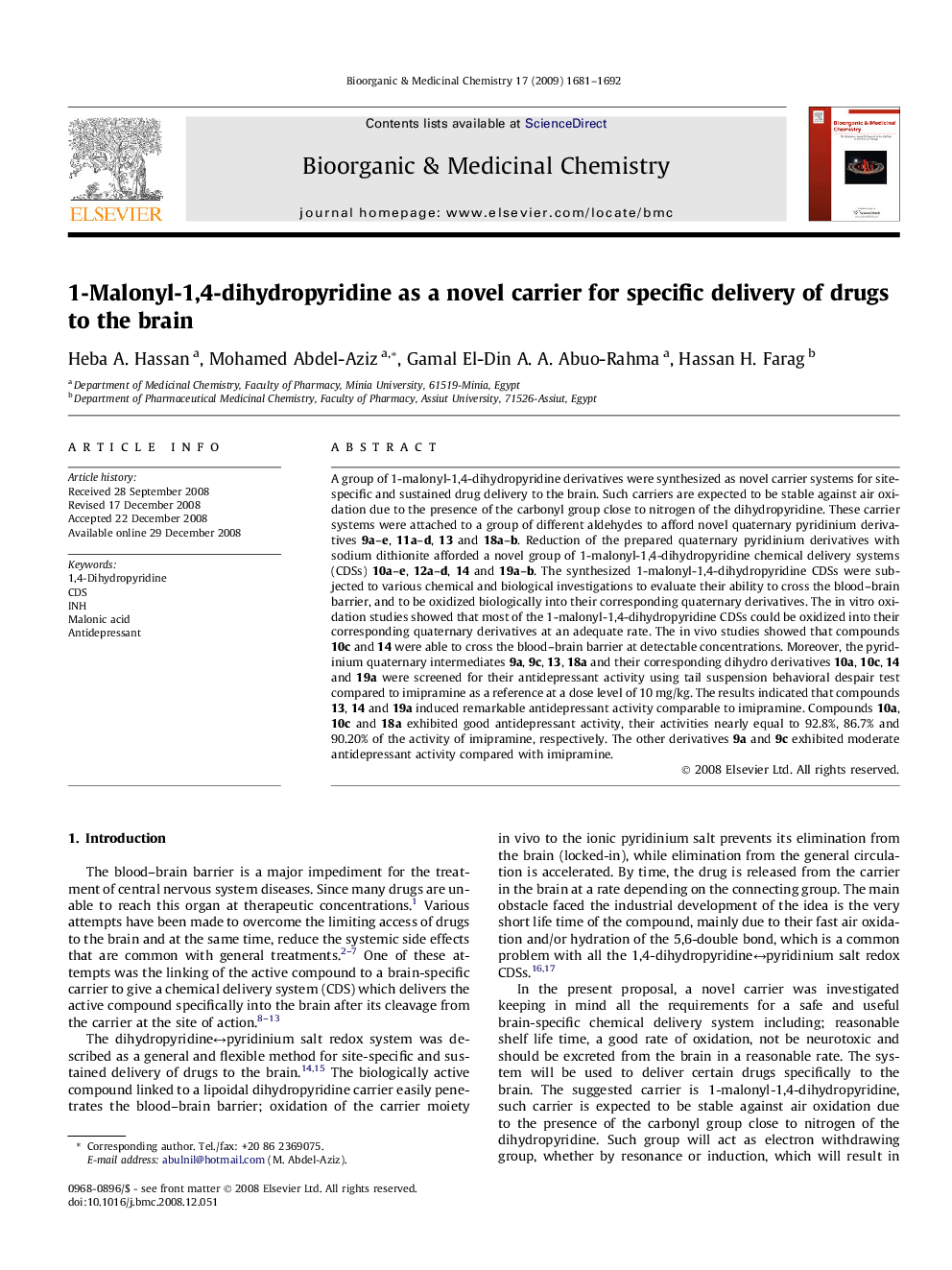 1-Malonyl-1,4-dihydropyridine as a novel carrier for specific delivery of drugs to the brain