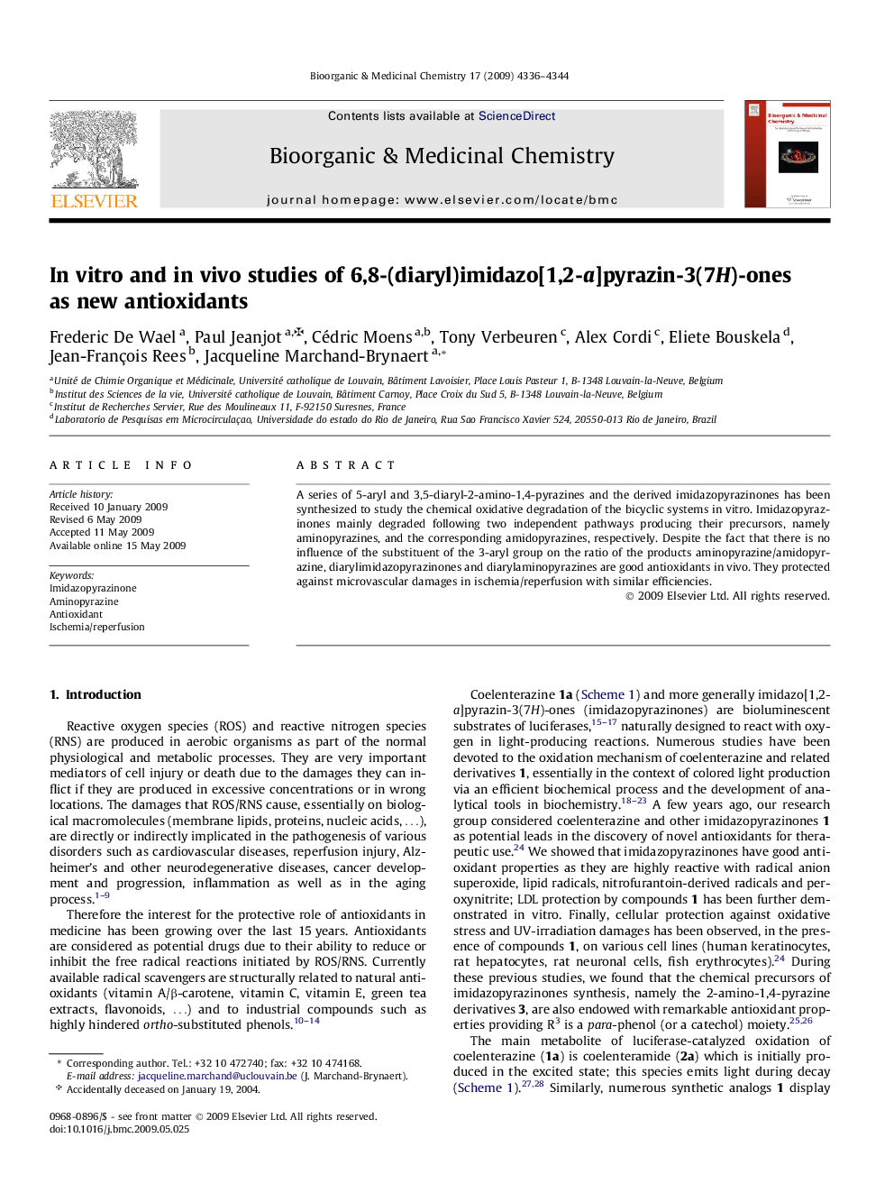 In vitro and in vivo studies of 6,8-(diaryl)imidazo[1,2-a]pyrazin-3(7H)-ones as new antioxidants