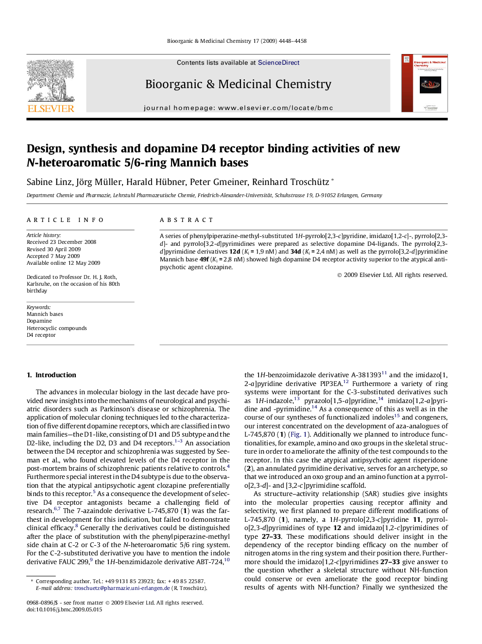 Design, synthesis and dopamine D4 receptor binding activities of new N-heteroaromatic 5/6-ring Mannich bases