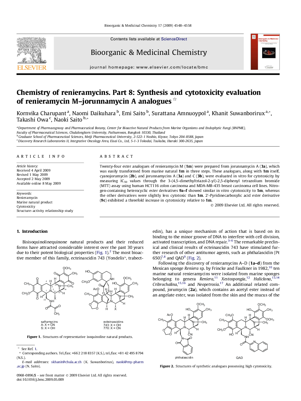 عکس صفحه اول مقاله: Chemistry of renieramycins. Part 8: Synthesis and cytotoxicity evaluation of renieramycin M–jorunnamycin A analogues Chemistry of renieramycins. Part 8: Synthesis and cytotoxicity evaluation of renieramycin M–jorunnamycin A analogues